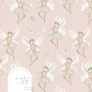 May include: A seamless pattern featuring watercolor illustrations of fairies with wings, floral skirts, and flowers. The background is a soft pink color. The pattern is perfect for fabric, wallpaper, or wrapping paper.