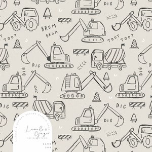 Puede incluir: Un patrón sin costuras en blanco y negro con ilustraciones de vehículos de construcción, incluyendo una mezcladora de cemento, un tractor y una excavadora. El patrón también incluye texto como "Dig", "Toot", "Brum" y "Sand".