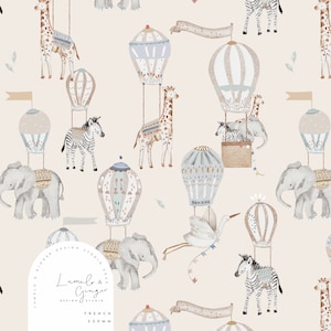 以下が含まれることがあります： 薄いピンクの背景に、キリン、シマウマ、ゾウ、鳥が熱気球に乗っているという、幻想的なデザインのシームレスパターン。気球はさまざまなパターンと色で飾られており、動物は漫画のようなスタイルで描かれています。このパターンは、生地、壁紙、その他の装飾プロジェクトに最適です。