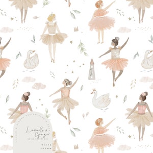 May include: A seamless pattern featuring watercolor illustrations of ballerinas in pink and brown tutus, white swans, stars, and clouds on a white background. The pattern includes the text "Lumelo & Ginger Design Studio 2023 White 200mm".