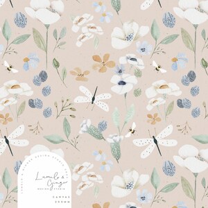 May include: Watercolor floral pattern featuring white and light blue flowers, bees, and dragonflies on a beige background. The design includes the text "Lumelo & Ginger Design Studio 2023" and "Canvas 200mm".