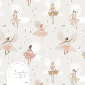 May include: A seamless pattern featuring watercolor illustrations of fairies with wings and tutus in shades of pink, brown, and beige. The background is a light beige with gold stars. The pattern includes the text "Lumelo & Ginger Design Studio 2023 Pixie 200mm".