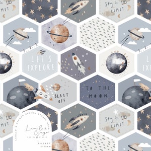 May include: A repeating pattern of hexagonal tiles featuring a space theme. Each tile has a different design, including planets, rockets, stars, and text. The text includes phrases like "Let's Explore", "To the Moon", and "Sky is the Limit".
