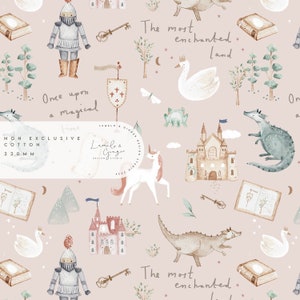 May include: A whimsical pink and white pattern featuring a castle, a knight, a unicorn, a swan, a dragon, a frog, a key, and a book. The text "The most enchanted land" and "Once upon a magical time" is included in the pattern.