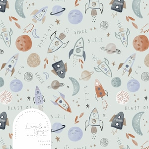 May include: A light blue background with a repeating pattern of rockets, planets, stars, and moons. The text "3...2...1", "BLAST OFF", and "SPACE" is repeated throughout the pattern.