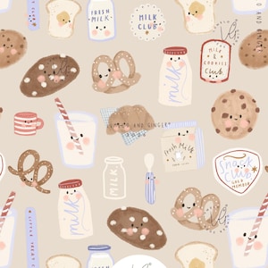 May include: A repeating pattern on a beige background featuring cartoon illustrations of milk bottles, chocolate chip cookies, pretzels, slices of bread, and glasses of milk with straws. Each item has a smiling face and text like Milk Club.