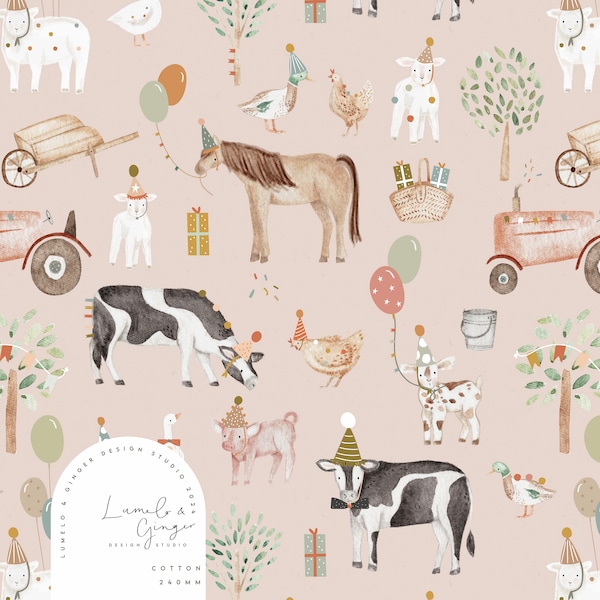 Bramble Farm Party, koe, varken, verjaardag, weide, tractor, Niet exclusief, Kindermode, Naadloos Stofontwerp, Herhaaltegel, Patroon