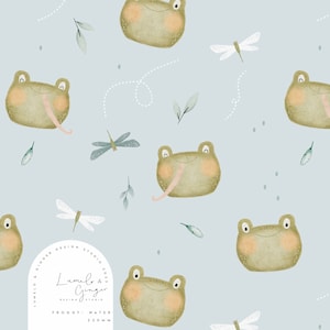 May include: A seamless pattern featuring green frogs with pink bellies and long tongues, blue dragonflies, and green leaves on a light blue background. The pattern includes the text "Lumelo & Ginger Design Studio 2023, Froogy - Water 220mm".