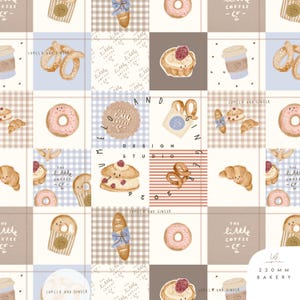 May include: A repeating pattern with watercolour illustrations of bakery items and coffee. The design includes donuts, croissants, and pretzels, with the text "The Little Coffee Co." and "Lumelo and Ginger". The pattern is arranged in a grid.