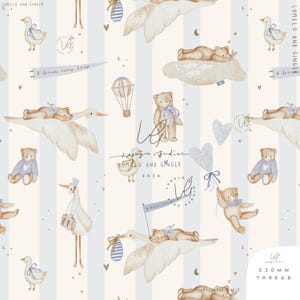 May include: Fabric featuring a repeating pattern of light blue and cream vertical stripes with watercolor illustrations of teddy bears, geese, hot air balloons, and hearts. Text includes "A dream come true", "LUMELO AND GINGER", and "220 MM THREAD".