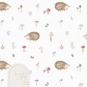 May include: A seamless pattern featuring watercolor illustrations of hedgehogs, mushrooms, and leaves on a white background. The pattern is perfect for fabric, wallpaper, or wrapping paper.