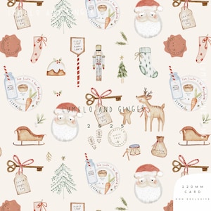 May include: A festive Christmas-themed pattern featuring Santa Claus, reindeer, and holiday treats. The design includes plates of treats, milk bottles, and a sign that says "Please Stop Here Santa". The text "LUMELO AND GINGER" is also visible.
