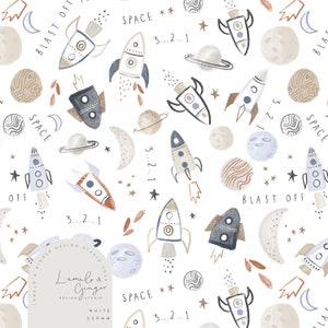 May include: A seamless pattern featuring watercolour illustrations of rockets, planets, stars, and moons in shades of blue, brown, and white. The pattern includes the text "Blast Off", "Space", and "3...2...1".