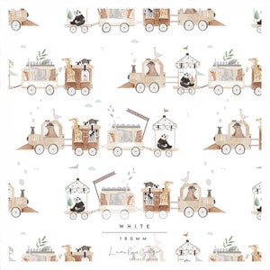 May include: A white background with a repeating pattern of a train carrying animals. The train is made up of a brown engine, a brown boxcar with a giraffe, a brown boxcar with a zebra, a brown boxcar with an elephant, and a brown boxcar with a panda. The train is on a white track with green leaves and clouds.