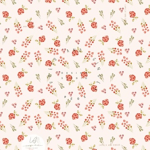 May include: A repeating pattern of watercolor flowers and sprigs in shades of red, pink, and green on a cream background. The design includes text that reads "LUMILO AND GINGER" and "DESIGN STUDIO 2020".