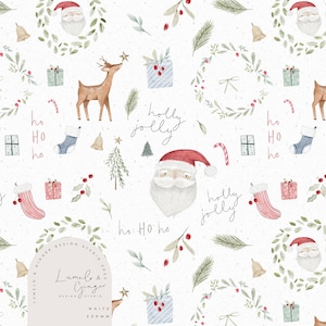 Puede incluir: Un fondo blanco con un patrón repetitivo de ilustraciones navideñas. Las ilustraciones incluyen a Papá Noel, un reno, acebo, regalos, bastones de caramelo y árboles de Navidad. El texto "holly jolly" y "ho ho ho" se repite a lo largo del patrón.