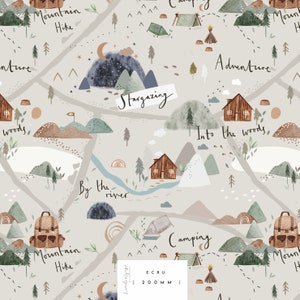 Explorar, acampar, observar las estrellas, naturaleza, mapas, aventuras divertidas, diseño de tela sin costuras, mosaico repetido, patrón Lunoe