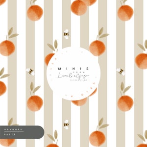 May include: A seamless pattern featuring watercolour oranges with green leaves on a white background with beige stripes. The pattern also includes small yellow and black bees. A circular logo reads "minis from Lumo & Ginger design studio". The text "ORANGES PAPER" appears at the bottom of the image.