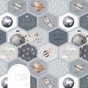 May include: A repeating pattern of hexagonal shapes with a space theme. The pattern features rockets, planets, stars, and text such as "Let's Explore", "Blast Off", and "Sky is the Limit".
