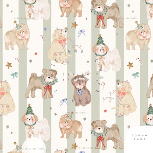 May include: A repeating pattern of illustrated dogs wearing party hats, wreaths, and bows, set against a sage and white striped background. The design includes stars, candy canes, and the text "LUMELO AND GINGER". The text "220 MM SAGE" is also visible.