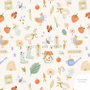 May include: A charming pattern illustration with garden-themed motifs. The design includes strawberries, bees, chickens, geese, carrots, flowers, and a jar of jam. Text includes "LUMEL AND GINGER", "SEEDS", and "220 MM CARD". The color palette is soft and pastel.