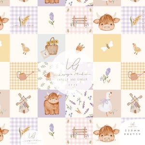 Susie, vaca de las tierras altas, ganso, granja, prado, 2 patrones combinados GRATIS, patchwork, diseño de tela sin costuras, mosaico repetitivo, patrón