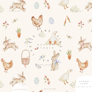 Könnte beinhalten: Ein sich wiederholendes Muster aus Aquarellillustrationen mit Ostermotiven. Das Design umfasst Hasen, Hühner, Gänse, Eier, Karotten, Blumen und Bienen auf cremefarbenem Hintergrund. Der Text "LUMILO AND GINGER" und "220 MM CARD" sind ebenfalls vorhanden.