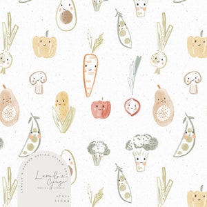 Può includere: Uno schema senza cuciture che presenta diverse verdure con facce carine. Le verdure includono avocado, mais, carota, baccello di piselli, fungo, cipolla, broccoli, peperone e ravanello. Lo schema è dipinto in stile acquerello con uno sfondo chiaro.