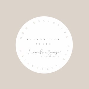 May include: A white circle with the text "NON EXCLUSIVE ALTERATION TOKEN" around the edge. The text "Lamelo & Ginger DESIGN STUDIO" is in the center of the circle.