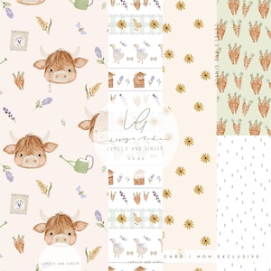 Puede incluir: Una colección de patrones de acuarela con animales de granja, zanahorias, flores y otros elementos. Los patrones incluyen una vaca de las Tierras Altas, gansos y una variedad de diseños florales y vegetales en colores pastel suaves.