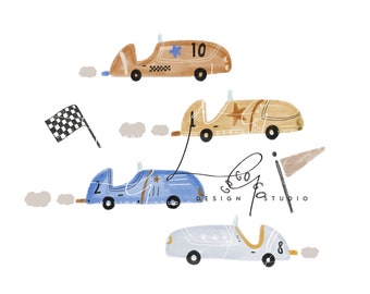 May include: Four watercolor painted toy race cars in a line. The cars are blue, brown, light blue, and brown. The cars have numbers 2, 1, 8, and 10 on them. The cars are on a white background.