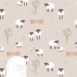 May include: A seamless pattern featuring white sheep with black faces and legs on a light pink background. The pattern also includes small green trees, brown fences, and white flowers.