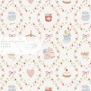 Puede incluir: Un patrón sin costuras con ilustraciones de acuarela de fresas, tazas de té, lazos, corazones y tarros de mermelada. El fondo es blanco con una textura sutil de acuarela. El patrón es perfecto para proyectos de manualidades y scrapbooking.