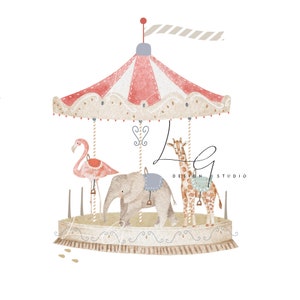 May include: A pink, white and brown carousel with a giraffe, elephant and flamingo. The carousel has a striped canopy and a sign that says "Lg Design Studio".