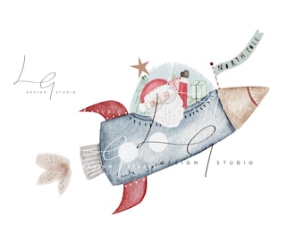 May include: Santa Claus in a red suit and white beard flies in a blue and gray rocket ship with a red and white flame. The rocket ship has a North Pole flag attached to it. The image is a watercolor illustration.