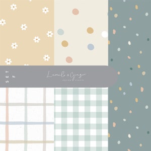 Può includere: Un set di quattro motivi di carta digitale con diversi design. Il primo motivo è uno sfondo giallo chiaro con margherite bianche. Il secondo motivo è uno sfondo beige chiaro con coriandoli blu pastello, rosa e gialli. Il terzo motivo è uno sfondo bianco con una trama a quadri blu chiaro e beige. Il quarto motivo è uno sfondo blu chiaro con coriandoli marrone pastello, rosa e blu. Il testo "Lumelo & Ginger Design Studio" è incluso nell'immagine.