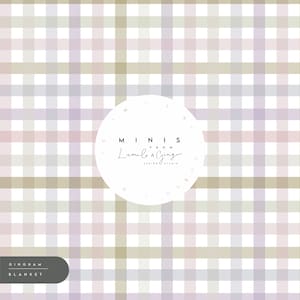Puede incluir: Una manta de patrón de cuadros vichy blanco y marrón claro con el texto "MINIS FROM Lumelo & Ginger DESIGN STUDIO" en un círculo en el centro.