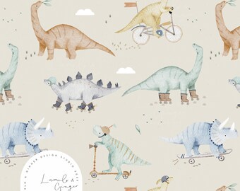 ローラー恐竜、恐竜、スケートボード、ローラーブレード、楽しい、T-Rex シームレス ファブリック デザイン、リピート タイル、パターン Lunoe 非独占