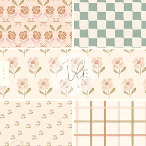 May include: Six digital patterns in a soft, muted colour palette. The designs include floral motifs, a checkerboard, and a plaid pattern. The patterns are in shades of pink, peach, green, and cream, with the text "LUMELO GINGER 2023" in the centre.