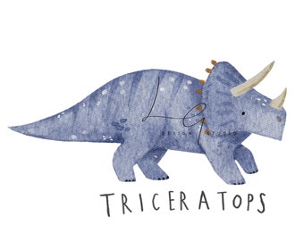 May include: A watercolor illustration of a blue triceratops dinosaur with brown spots. The dinosaur is walking with its head held high and its horns pointing forward. The text "TRICERATOPS" is written below the dinosaur.