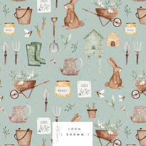 May include: A seamless pattern featuring a variety of gardening and nature-themed illustrations, including bunnies, honey jars, wheelbarrows, watering cans, gardening tools, and bee illustrations. The pattern is set on a light blue background.