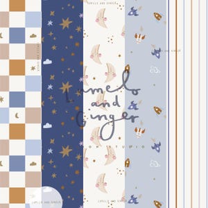 Könnte beinhalten: Eine Sammlung von Mustern mit Illustrationen zum Thema Himmel und Weltraum. Designs umfassen Schachbrettmuster, Sterne, Monde, Raketen und Wolken in Blau-, Braun- und Weißtönen. Der Text "Lumilo and Ginger" ist ebenfalls vorhanden.