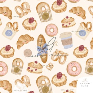 Peut inclure: Illustration fantaisiste de viennoiseries : croissants, beignets, bretzels et tartes aux framboises. Une baguette avec un nœud bleu et une tasse de café sont également présents. Le fond est beige clair. Le texte "LUMILO AND GINGER" est visible.