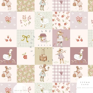 Könnte beinhalten: Ein Patchwork-Design mit Illustrationen von Mäusen, Gänsen, Blumen und einem Korb. Das Design enthält Vichy-Muster, Herzen und den Text „LUMELO AND GINGER“ und „220 MM CARD MOM EXCLUSIVE“. Die Farbpalette umfasst sanfte Rosa-, Grün- und Beigetöne.