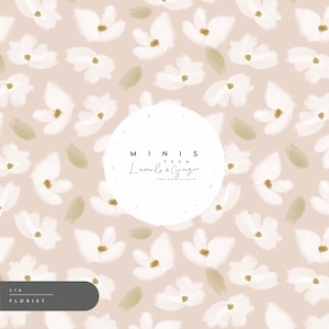 May include: A seamless pattern featuring white flowers with brown centers on a light beige background. The pattern includes a white circle with the text "MINIS FROM Lumo & Ginger DESIGN STUDIO".
