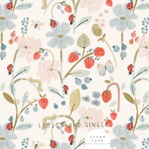 May include: A whimsical floral pattern with red ladybugs, green caterpillars, and pink and blue flowers. The background is a light cream color. The text "Lumelu and Ginger 220mm Card Home Exclusive" is at the bottom of the image.