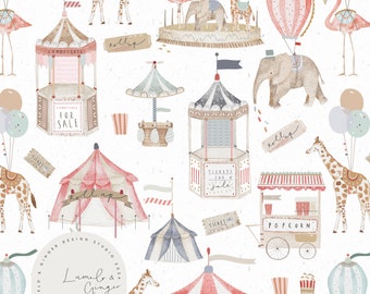 May include: A whimsical watercolor illustration featuring a circus theme with various carnival booths, animals, and decorations. The illustration includes a carousel with a pink flamingo, a giraffe, and an elephant, a popcorn stand, a ticket booth, a hot air balloon, and a tent with the words "Roll up" written on it. The illustration is set against a white background with a subtle texture.