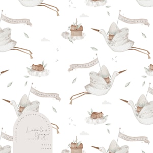 Op de afbeelding: Een herhalend patroon met aquarel illustraties van ooievaars die babyberen dragen met "Welcome Baby" banners. Het ontwerp bevat wolken, bladeren en een klein mandje. De achtergrond is wit en het ontwerp is gelabeld "WHITE 200MM" met het "Lumelo & Ginger Design Studio 2023" logo.