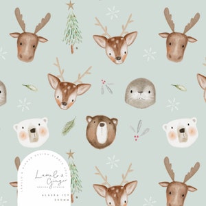 Peut inclure: Un motif sans couture avec des illustrations à l'aquarelle de différents animaux, notamment des cerfs, des ours, des phoques et des rennes. Le fond est de couleur bleu clair avec des flocons de neige et d'autres éléments hivernaux. Le motif est parfait pour le tissu, le papier peint ou le papier d'emballage.