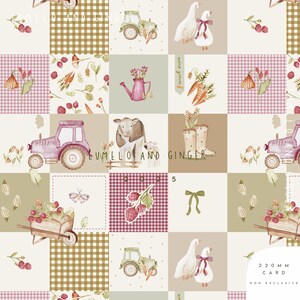 May include: A seamless pattern featuring a patchwork design with various farm-themed illustrations. The pattern includes tractors, a cow and calf, a watering can, a wheelbarrow full of berries, geese, carrots, and a bow. The background is a mix of pink, brown, and green gingham patterns.